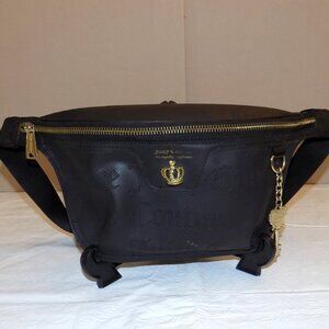 JUICY COUTURE Black Belt Bag Fanny Pack Gold Crown Key Zipper Laser Cut